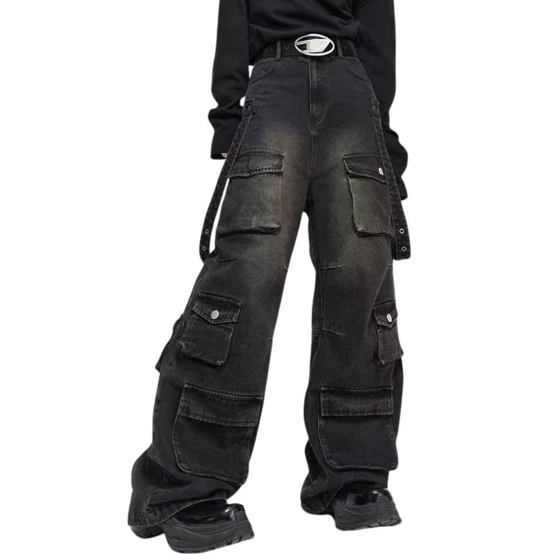 jupkem Mens Baggy Jeans Y2k Goth Vintage Wide Leg Pants with Multiple Pockets Women Fashion Punk 90s Hip Hop Cargo Pants Y2k Harajuku Streetwear(black8-S)