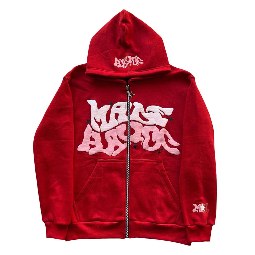 ZENMANCHEN Y2k Hoodie Men Puff Print Zip Up Hoodie Y2k Jacket 90s Vintage Designer Hoodies Graphic Streetwear Emo Sweatshirt (US Alpha XX-Large Regular Regular Puff Print Red)