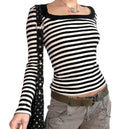 Dourbesty Cute Grunge Striped Long Sleeve Tee (One Piece)