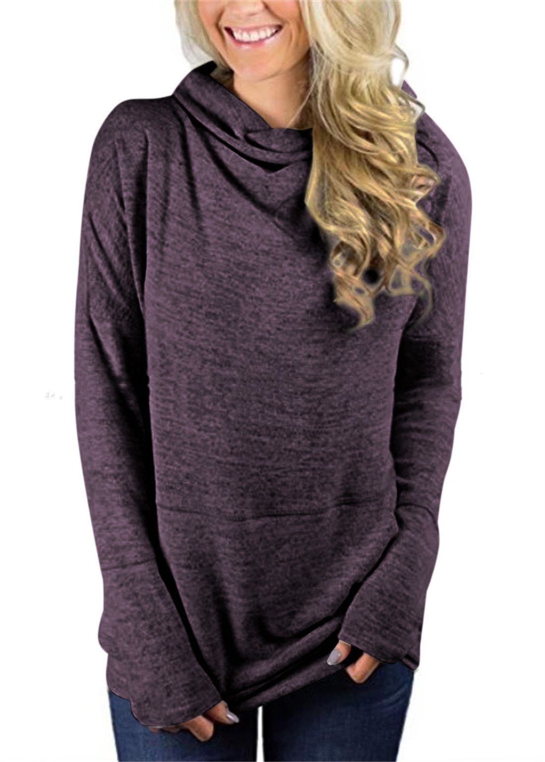 High Neck Long Sleeve Women's Sweater Blouse with Pockets