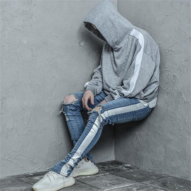 Men's Distressed Denim Jeans with Vintage White Stripes