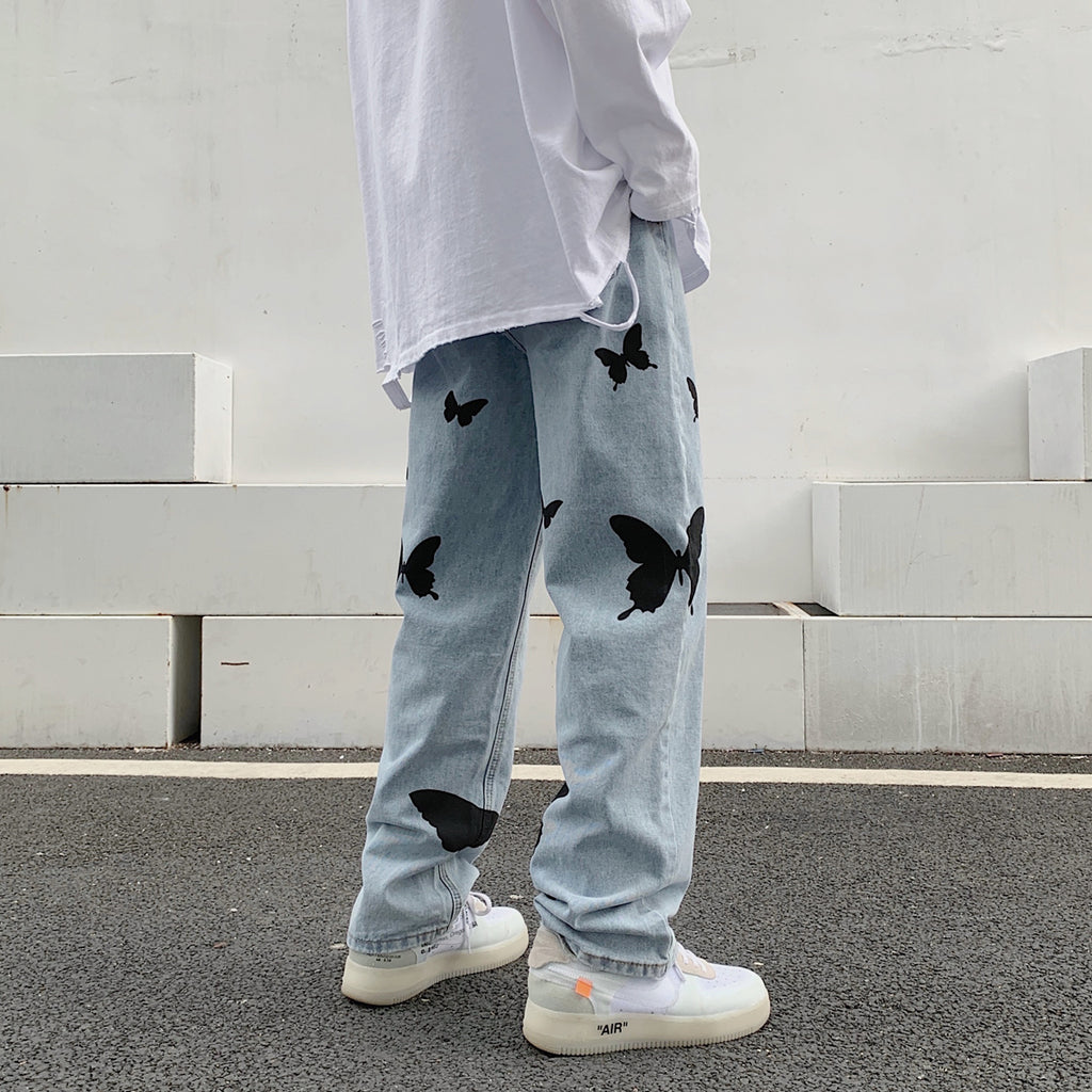 Butterfly Print Loose Baggy Jeans for Men and Women