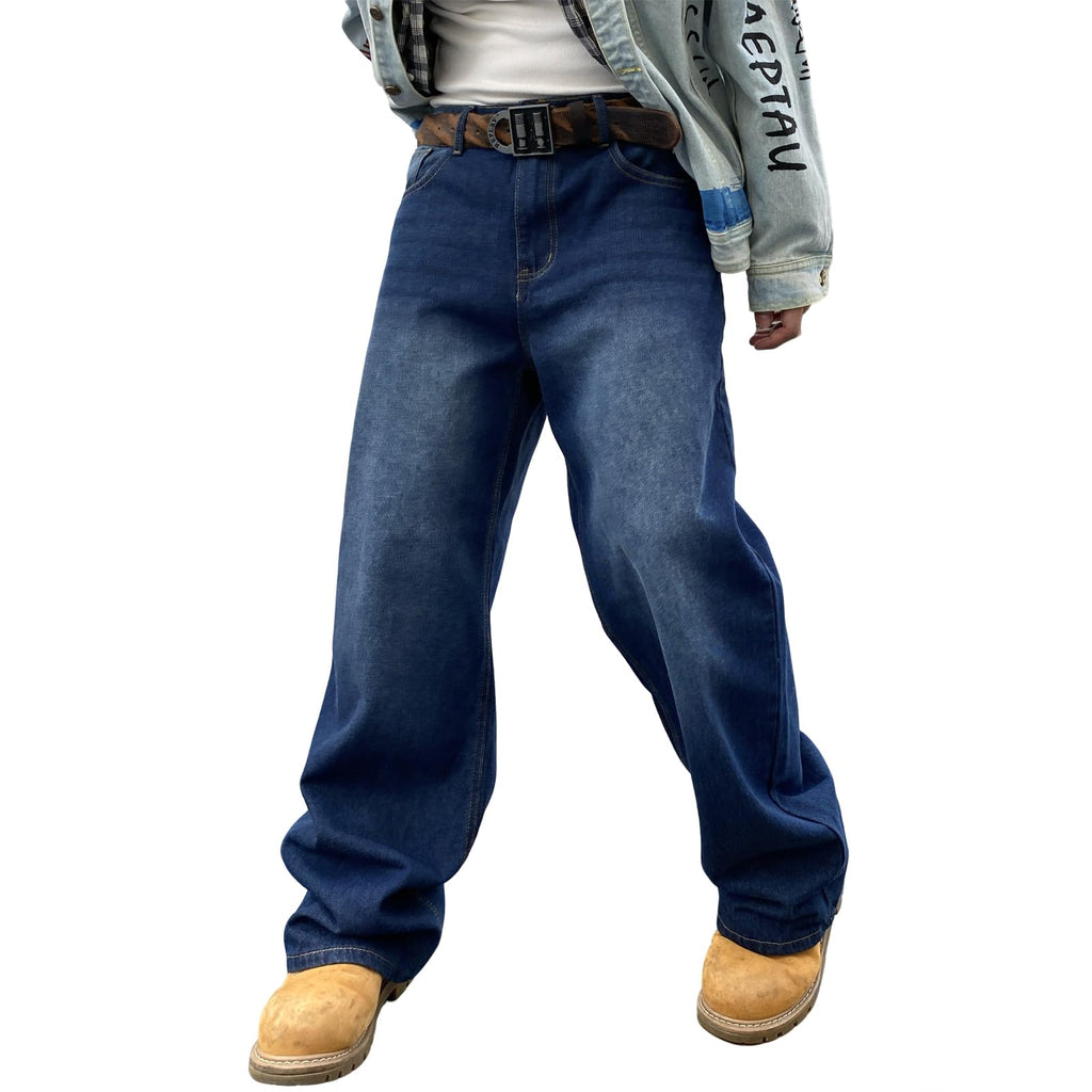 Mens Baggy Jeans Y2K Streetwear Empires Pants Wide Leg Hip Hop Extra Loose Fit for Skater Denim Long Casual Trousers(5002-Dark Blue-L)