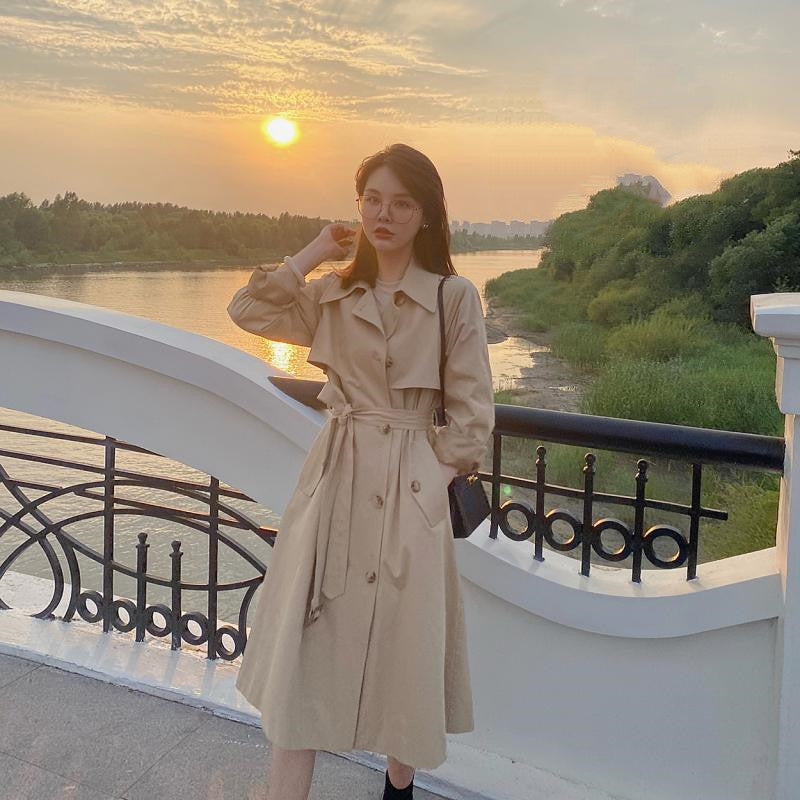 Khaki Mid-Length Versatile Windbreaker Jacket