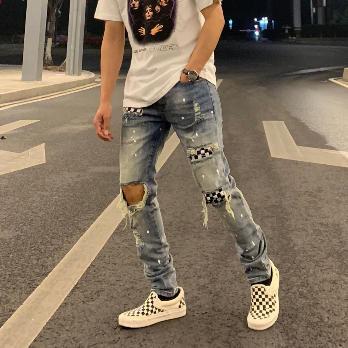 Checkerboard Patch Ripped High Street Denim Trousers