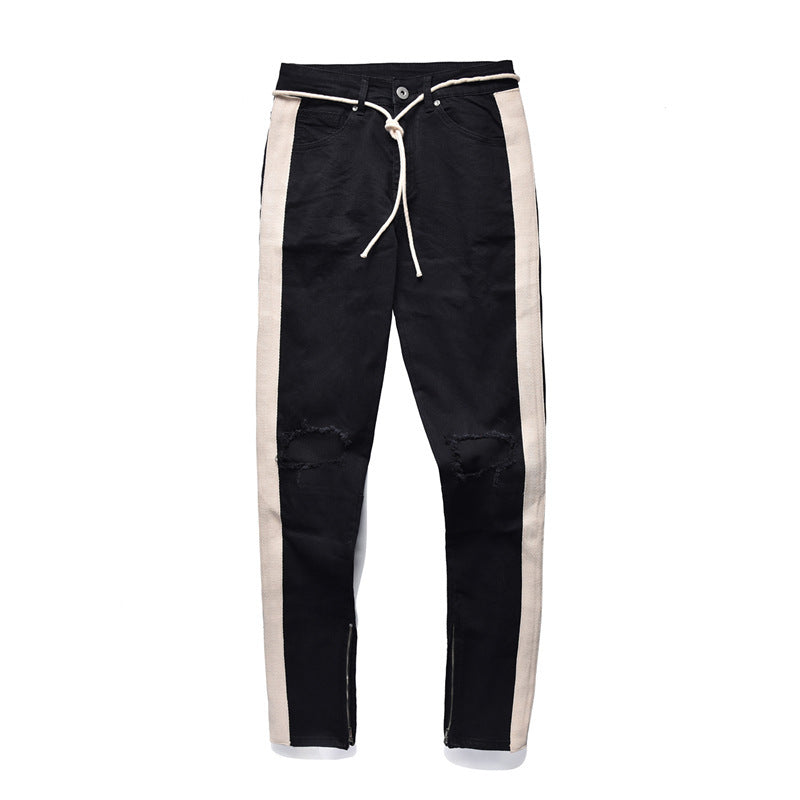 Men's Distressed Denim Jeans with Vintage White Stripes