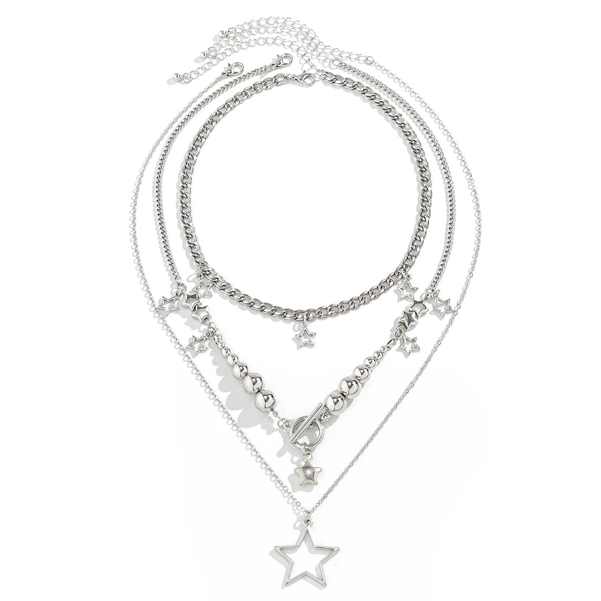 Inactwin Star Y2k Silver Necklace Grunge Layered Necklace Cute Aesthetic Stack Toggle Chain Necklaces Gothic Vintage Emo Jewelry Set for Women (3pc Silver -1)