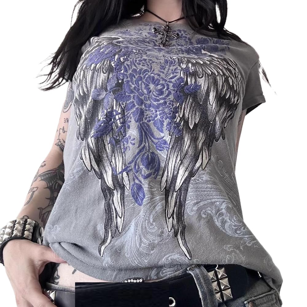 Women Grunge Graphic Short Sleeve Tees Y2k Gothic Crew Neck T Shirts Vintage Aesthetic Emo Top 90s E-Girls Clothes