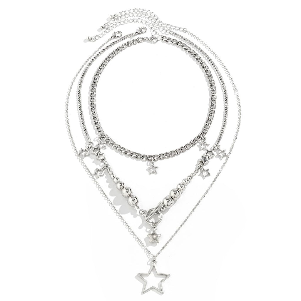 Inactwin Star Y2k Silver Necklace Grunge Layered Necklace Cute Aesthetic Stack Toggle Chain Necklaces Gothic Vintage Emo Jewelry Set for Women (3pc Silver -1)