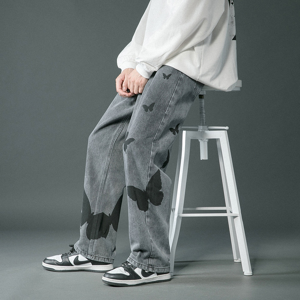 Butterfly Print Loose Baggy Jeans for Men and Women
