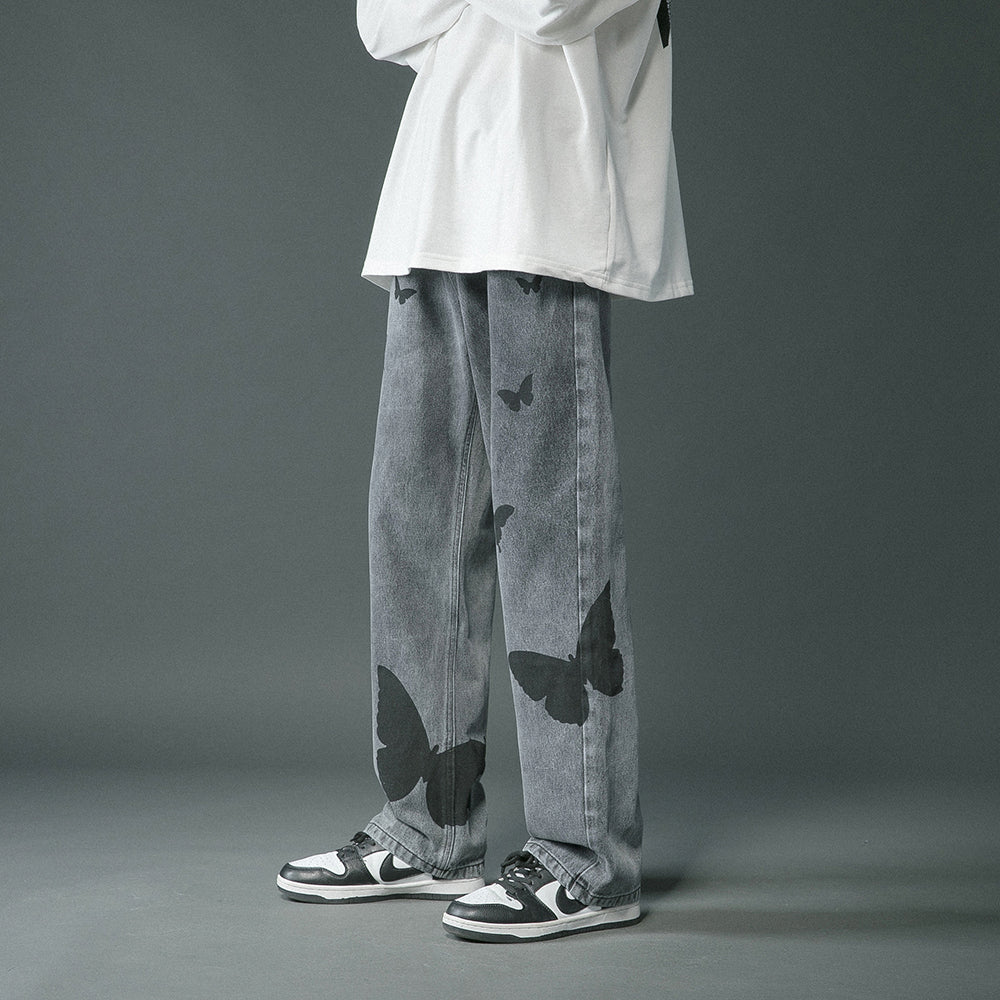 Butterfly Print Loose Baggy Jeans for Men and Women
