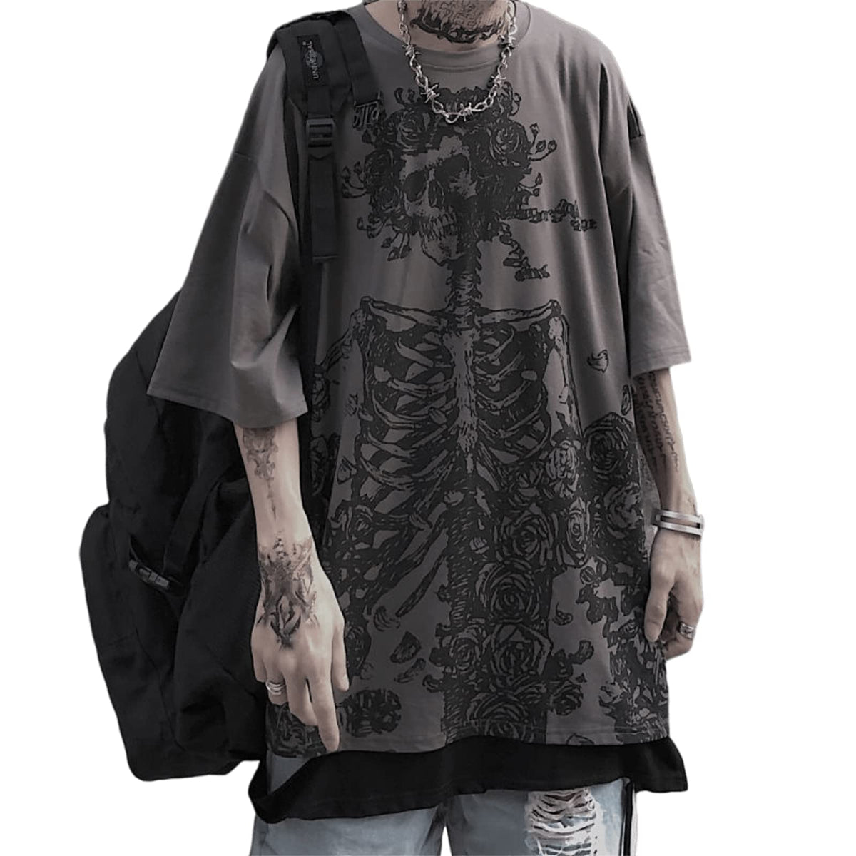 Women Y2K Alt Emo Goth Skeleton Rose Dark Academia Cool Tops Grunge Men Punk Harajuku Unisex Korean T Shirt Blouse (GreySSmall)