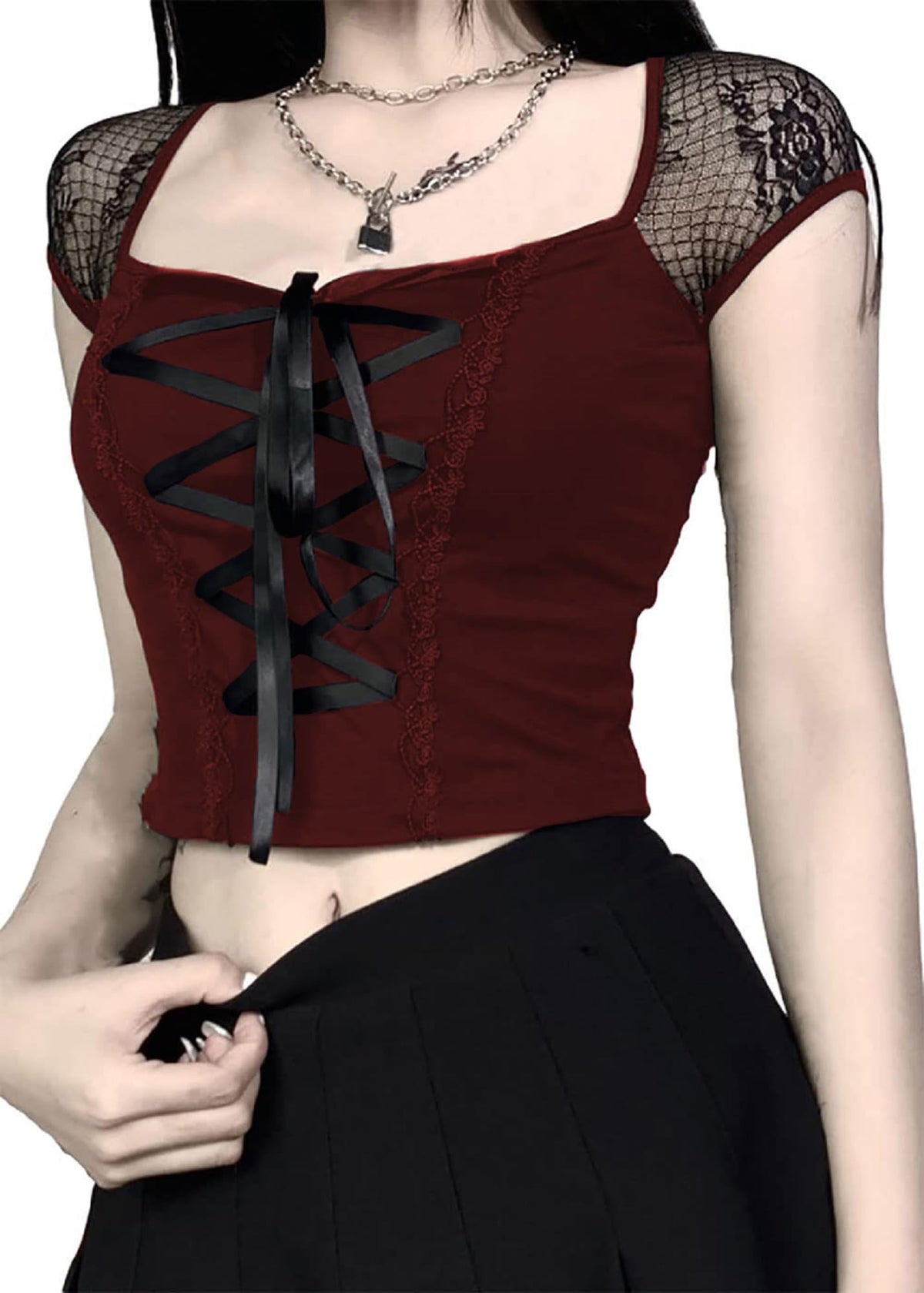 TSMNZMU Womens Gothic Crop Tops Mesh Short Sleeve Punk Alt Shirt Grunge Harajuku Emo Tops with Bandage Red