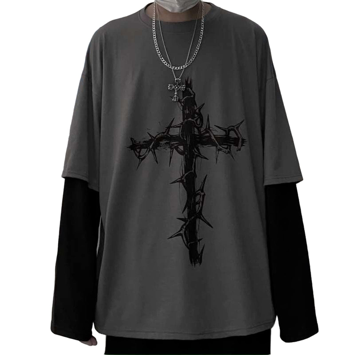 Men Women Gothic Shirt Y2K Emo Grunge Alt Vintage Cross Graphic Long Sleeve Top Tee Dark Academia Harajuku Sweatshirt (Gray 2XL XXL)
