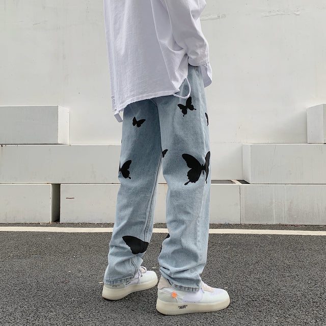 Butterfly Print Loose Baggy Jeans for Men and Women