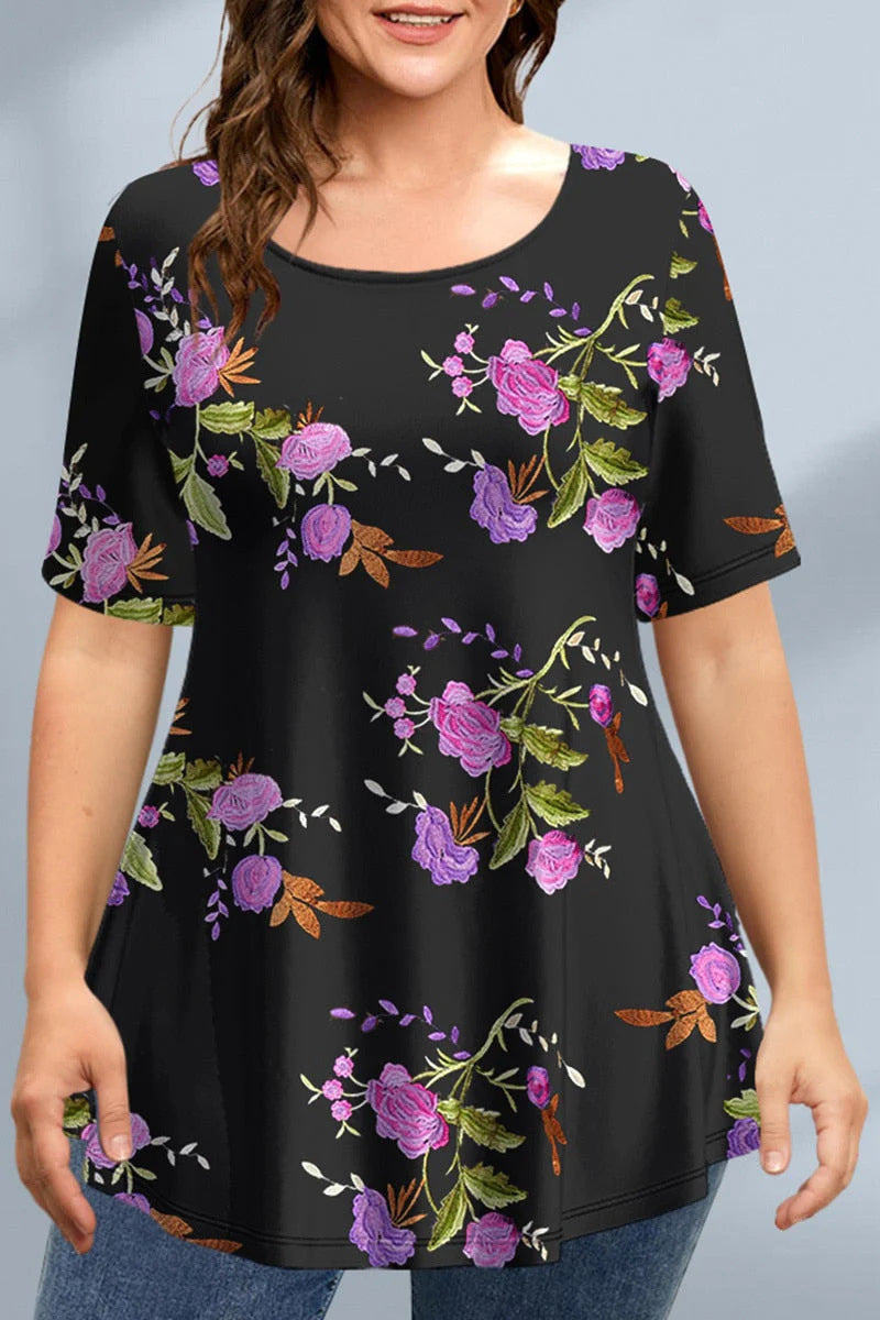 2023 Plus Size Loose Graphic Tee with Asymmetrical Hem