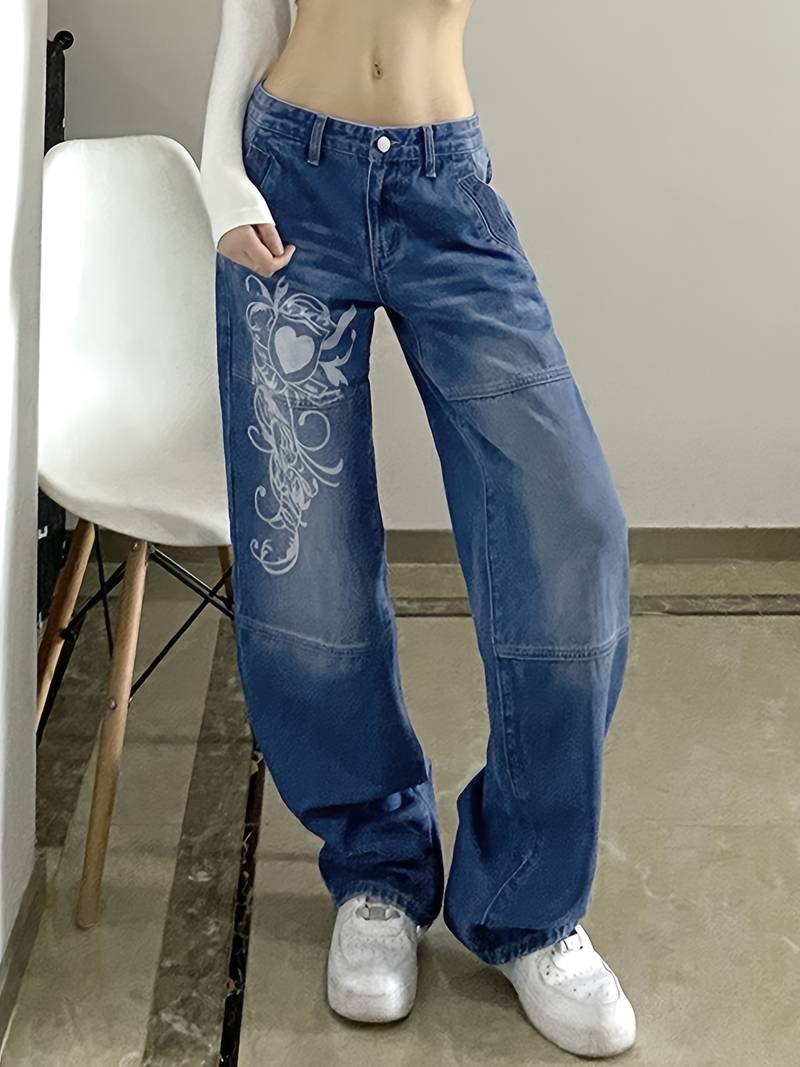 White Floral Print High Waist Baggy Fit Jeans for Women