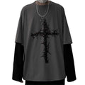 Men Women Gothic Shirt Y2K Emo Grunge Alt Vintage Cross Graphic Long Sleeve Top Tee Dark Academia Harajuku Sweatshirt (Gray 2XL XXL)