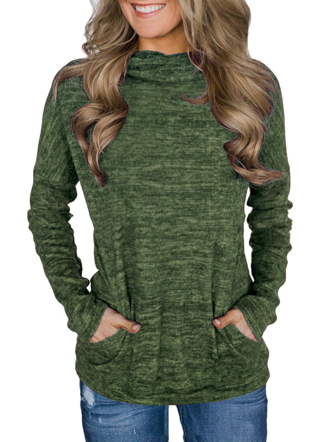 High Neck Long Sleeve Women's Sweater Blouse with Pockets