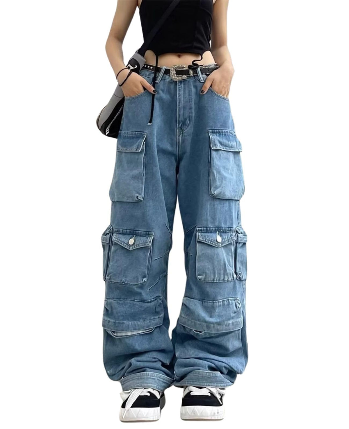 Chmnigma Baggy Cargo Pants for Womens Mens Y2K Loose Low Rise Wide Leg Jeans Harajuku Streetwear Clothes(Blue-L)