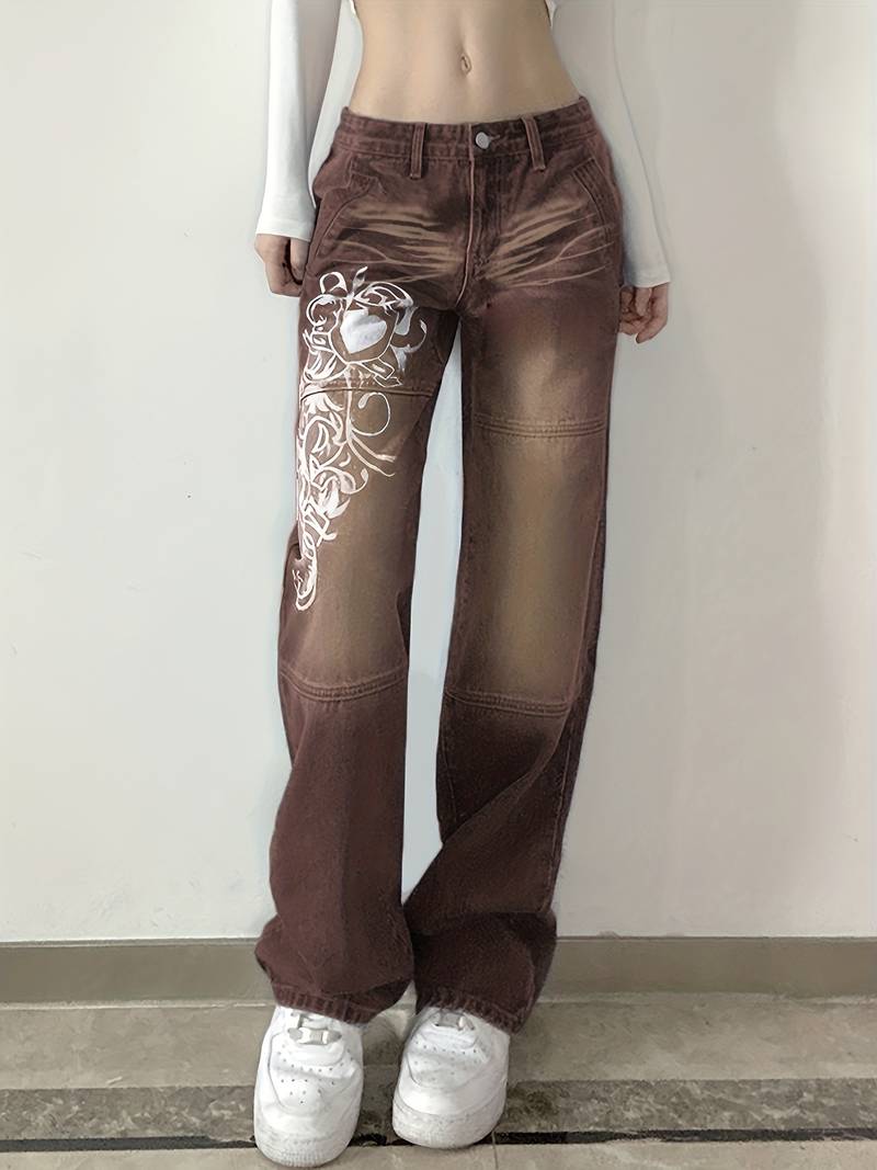 White Floral Print High Waist Baggy Fit Jeans for Women