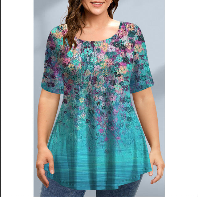 2023 Plus Size Loose Graphic Tee with Asymmetrical Hem