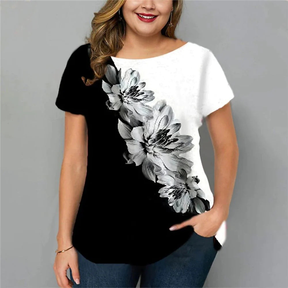 2023 Plus Size Loose Graphic Tee with Asymmetrical Hem