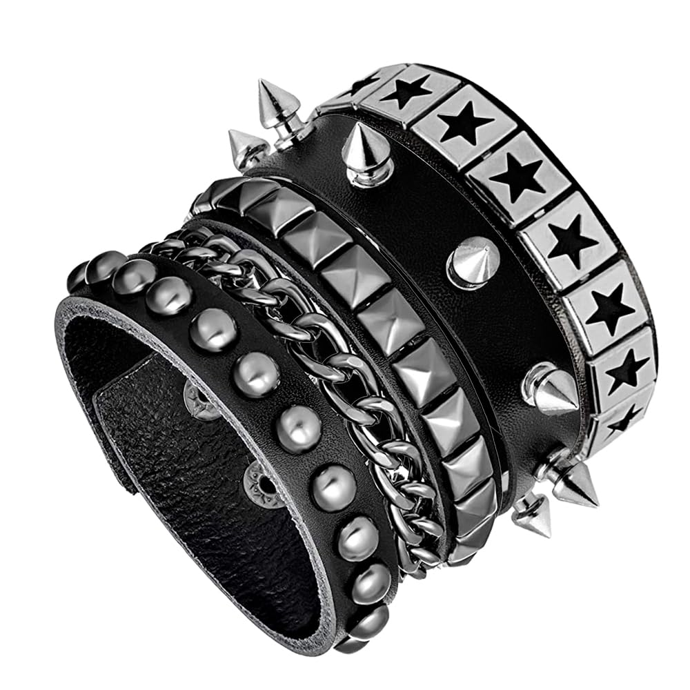 Tosmifairy 3 Pieces Punk Rock Leather Bracelets for Women Pop 80s 90s Emo Jewelry Accessories Retro Spiked Adjustable Wrap Wrist Cuffs (Rock Style)