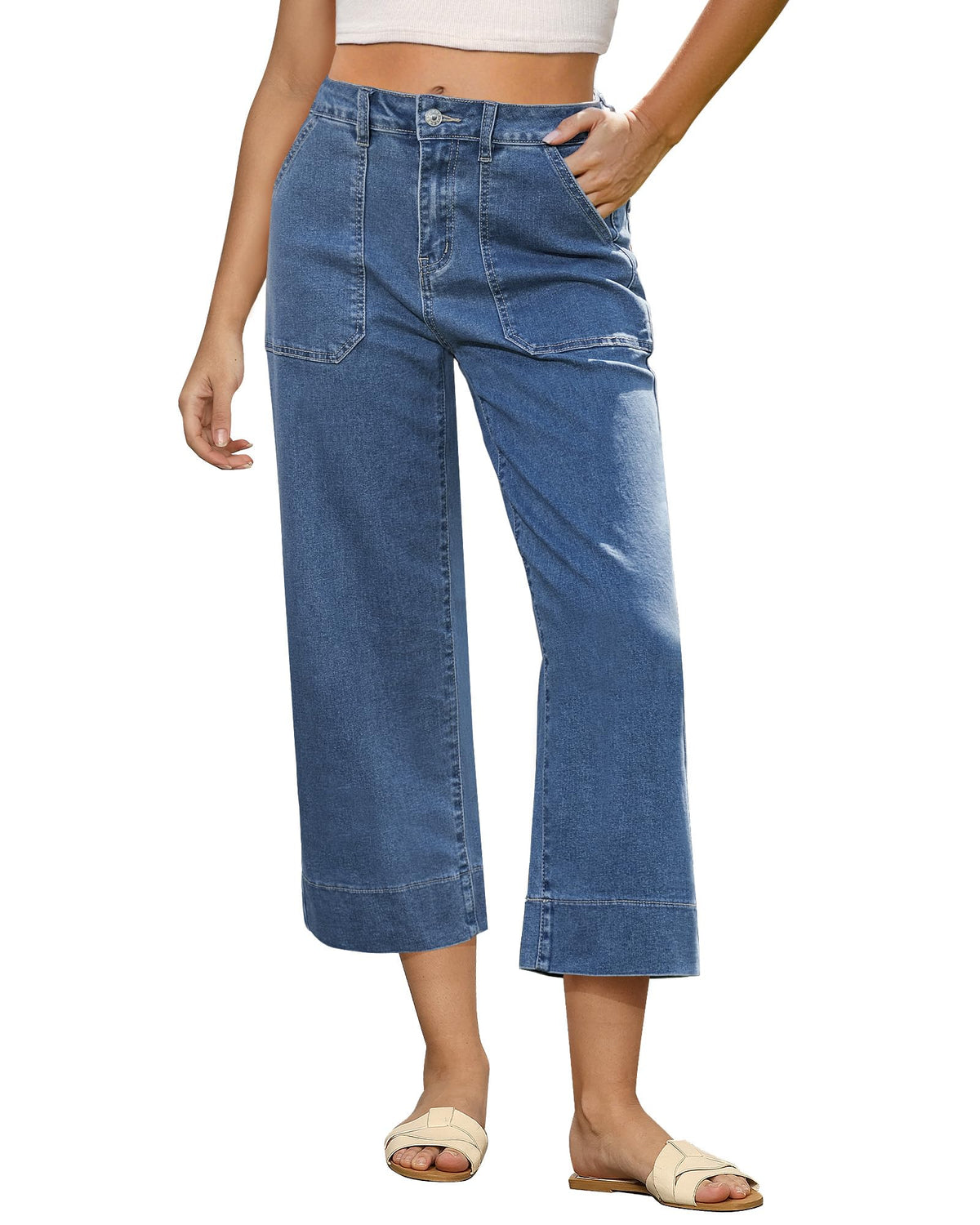 GRAPENT Denim Capris High Waisted Womens Denim Capris for Summer Cropped Jeans for Women Baggy Wide Leg Jeans for Women Womens Baggy Jeans Jeans Baggy Color Reef Blue XX-Large Size 20 to 22