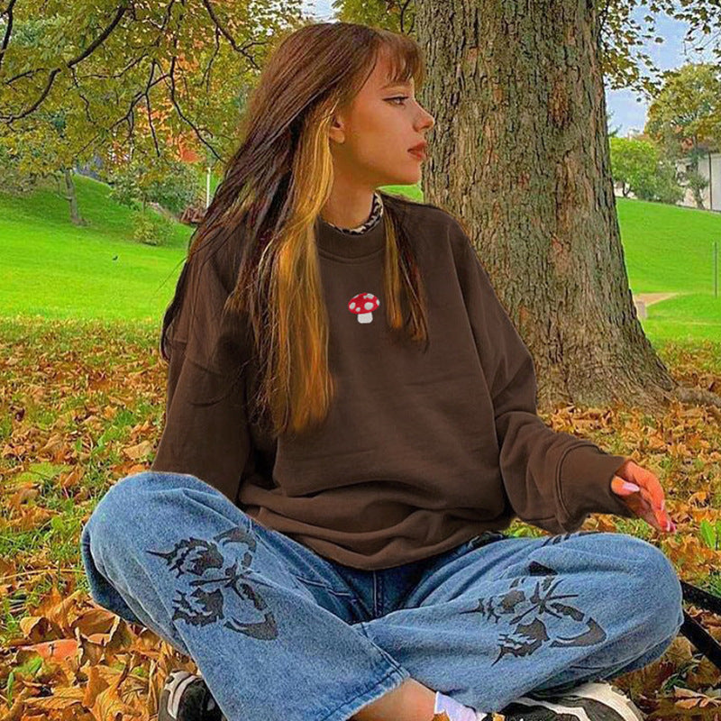 Embroidered Loose Round Neck Sweatshirt for Women