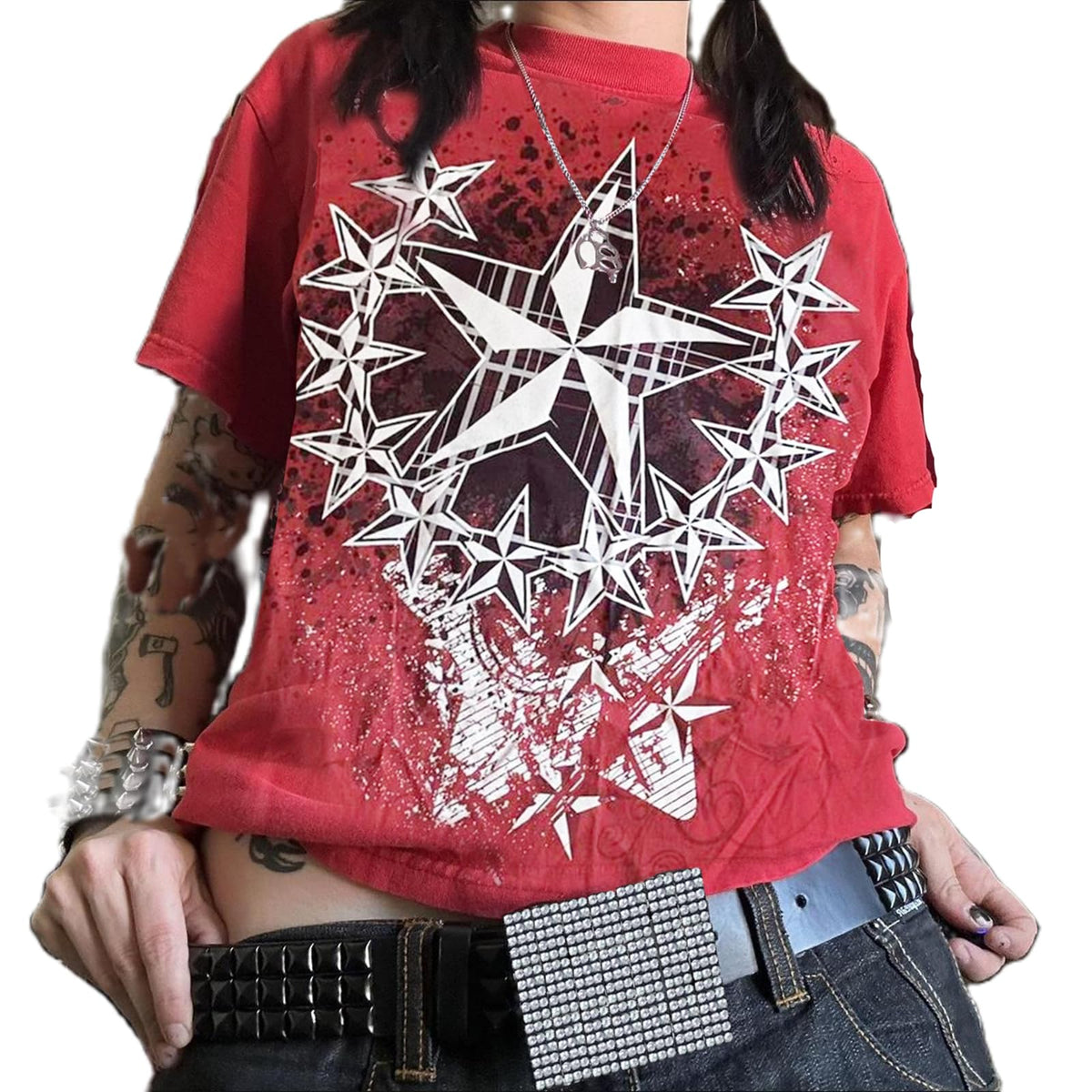Women Y2K Fairy Grunge Clothes Short Sleeve Aesthetic Graphic Crop Tops 2000s E Girls Vintage Baggy Emo Tee Shirts (I Red Star XL)