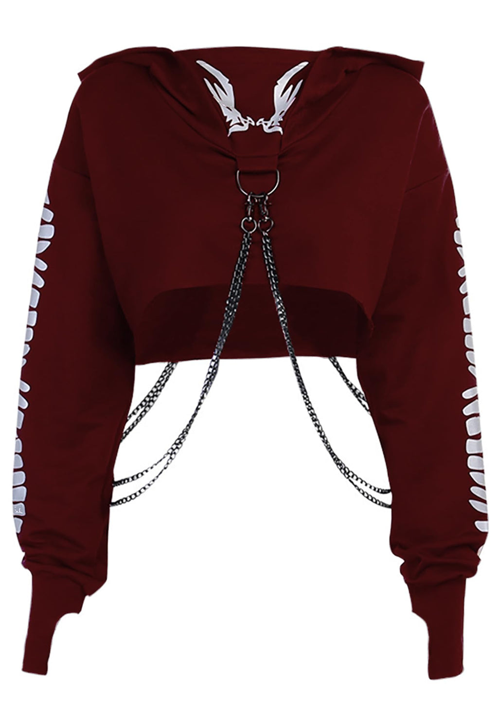 TSMNZMU Womens Gothic Cropped Hoodie Long Sleeve Punk Grunge Skull Print Sweatshirt Emo Alt Mall Goth Tops with Iron Chain Wine