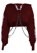 TSMNZMU Womens Gothic Cropped Hoodie Long Sleeve Punk Grunge Skull Print Sweatshirt Emo Alt Mall Goth Tops with Iron Chain Wine