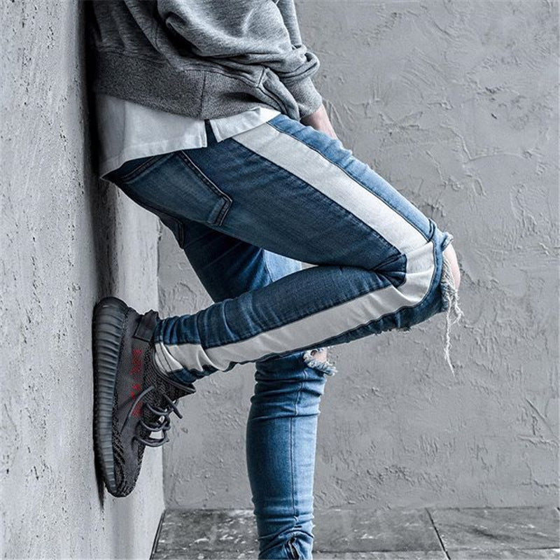 Men's Distressed Denim Jeans with Vintage White Stripes