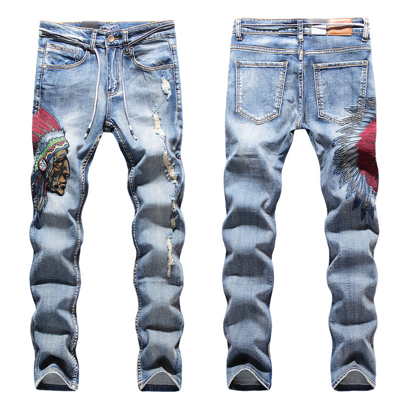 Embroidered Frayed Jeans for Men