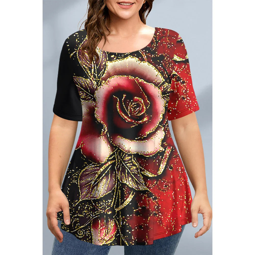 2023 Plus Size Loose Graphic Tee with Asymmetrical Hem