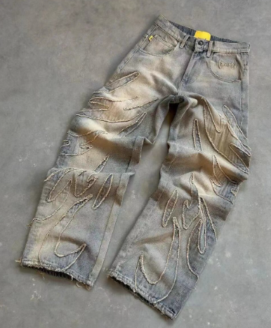Retro Bat Embroidery Baggy Jeans - Blue (One Pair)