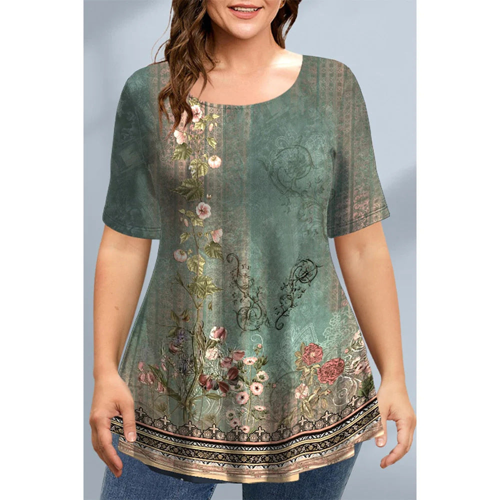 2023 Plus Size Loose Graphic Tee with Asymmetrical Hem