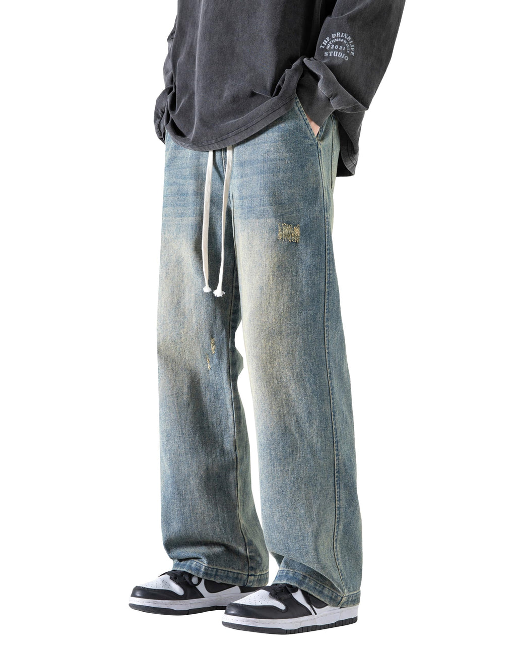 PRIJOUHE Mens Loose Fit Jeans Elastic Waist Wide Leg Baggy Jean Cargo Pants Trousers