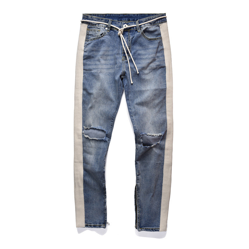 Men's Distressed Denim Jeans with Vintage White Stripes