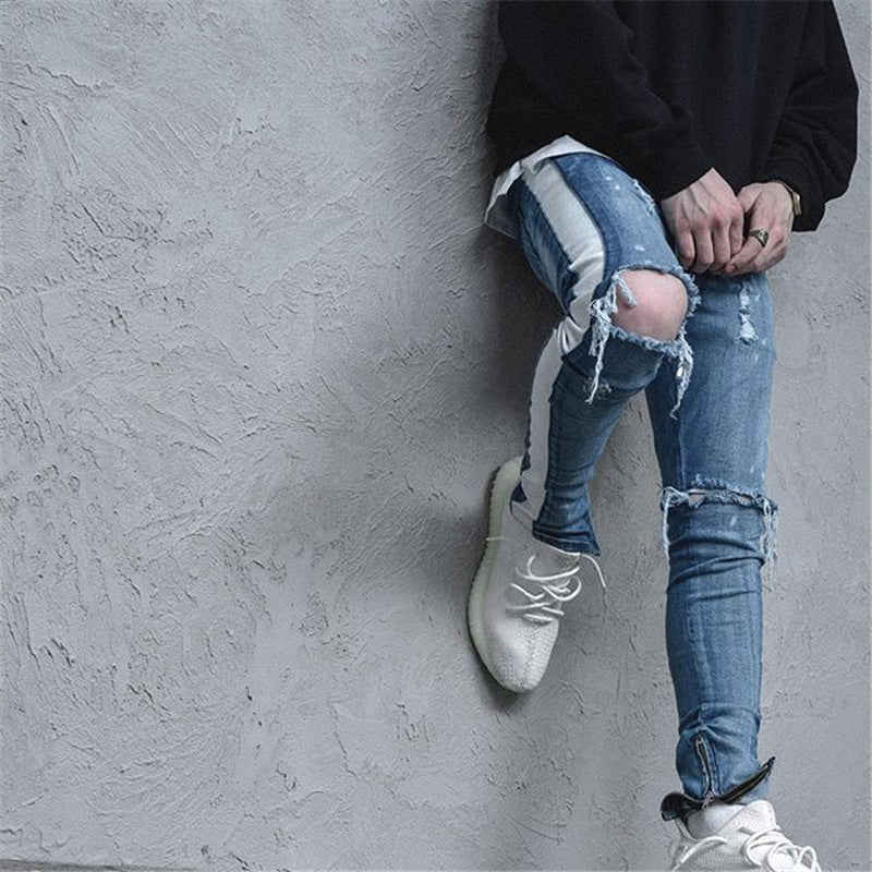 Men's Distressed Denim Jeans with Vintage White Stripes
